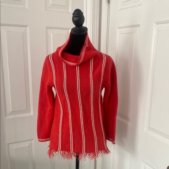 El Mar Vintage Red Cowl Neck Sweater with Vertical White Stripes - Picture 1 of 11